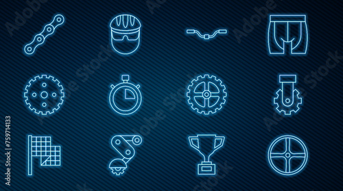 Set line Bicycle wheel, Derailleur bicycle rear, handlebar, Stopwatch, sprocket crank, chain, and helmet icon. Vector