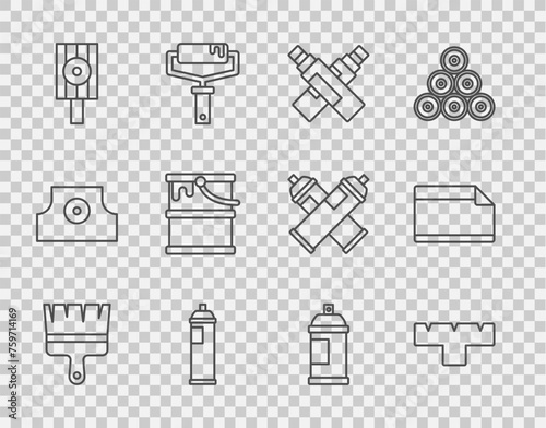 Set line Paint brush, Marker pen attachment, spray can, Spray nozzle cap, bucket, and Paper adhesive sticker icon. Vector