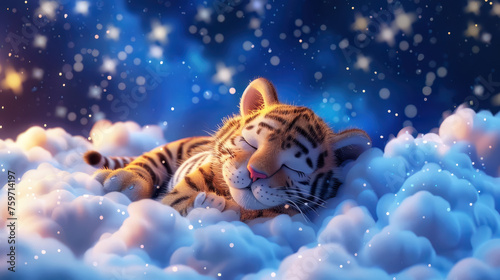 Cute little tiger sleeping on clouds 