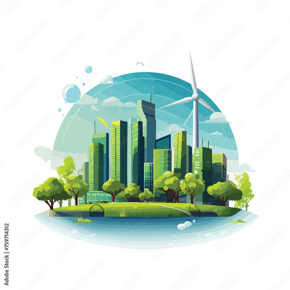 Green city eco energy icon concept flat vector illu