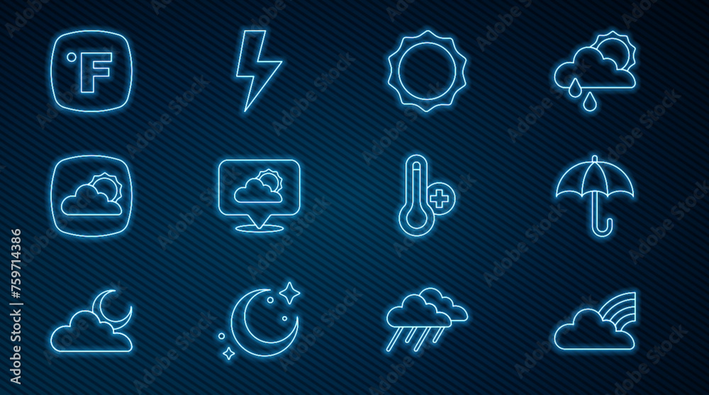 Set line Rainbow with clouds, Umbrella, Sun, Location, Weather forecast, Fahrenheit, Meteorology thermometer and Lightning bolt icon. Vector Set line Rainbow with clouds, Umbrella, Sun, Location, Weather forecast, Fahrenheit, Meteorology thermometer and Lightning bolt icon. Vector
