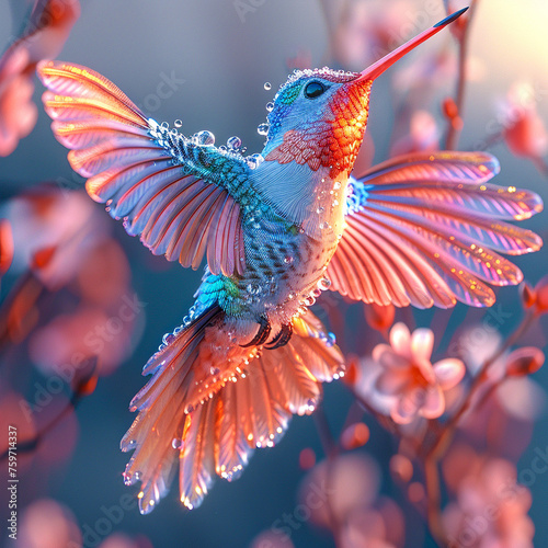 A hummingbird with water droplets on its wings hovering among pink flowers in a mystical setting © weerasak