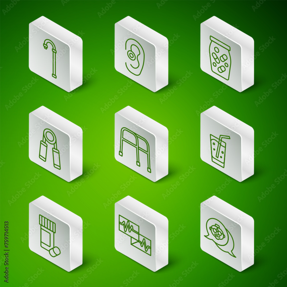 Set line Grandmother, Monitor with cardiogram, Walking stick cane, Walker, Sport expander, Hearing aid, Medicine bottle pills and Glass water icon. Vector Set line Grandmother, Monitor with cardiogram, Walking stick cane, Walker, Sport expander, Hearing aid, Medicine bottle pills and Glass water icon. Vector