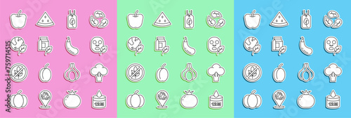 Set line Organic cosmetic, Broccoli, Facial mask, Vegan food diet, milk, Earth globe and leaf, Apple and Eggplant icon. Vector