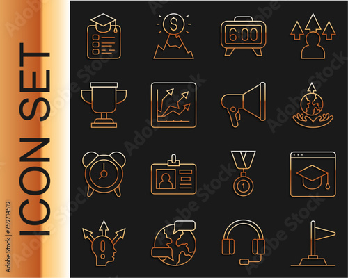 Set line Flag, Online education, World expansion, Digital alarm clock, Financial growth increase, Award cup, and Megaphone icon. Vector