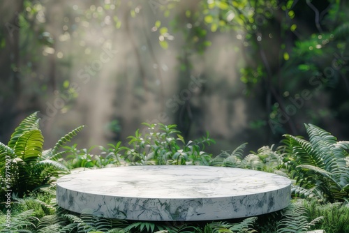 Round pedestal with white marble surface. It is decorated with delicate ferns all around. photo