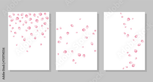 Set of backgrounds with flying pink rose petals. Vector illustration. Social media banner template, for stories, posts, blogs, postcards.