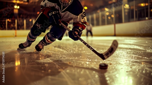 This dynamic image captures an ice hockey player intensely chasing after the puck on an ice rink, embodying the speed and thrill of the sport