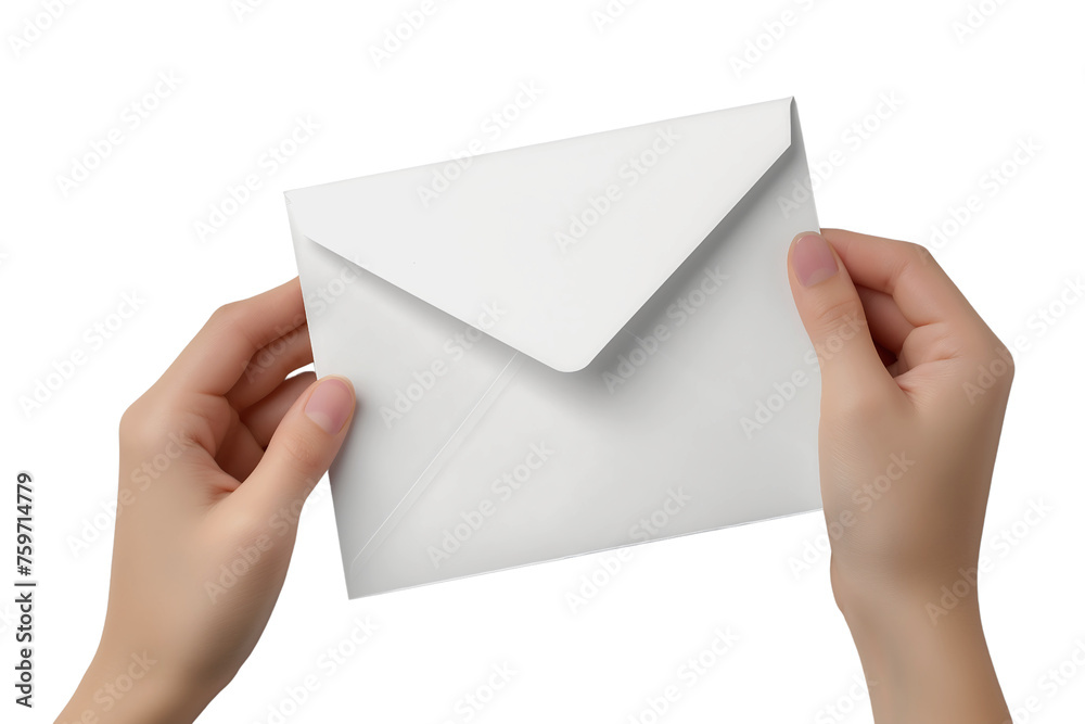 Hand holding white envelope with a blank paper inside isolated on a transparent background