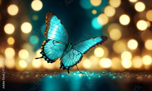 The ethereal beauty of a blue butterfly is captured against a backdrop of twinkling golden bokeh. Its delicate wings gracefully support its poised stance.