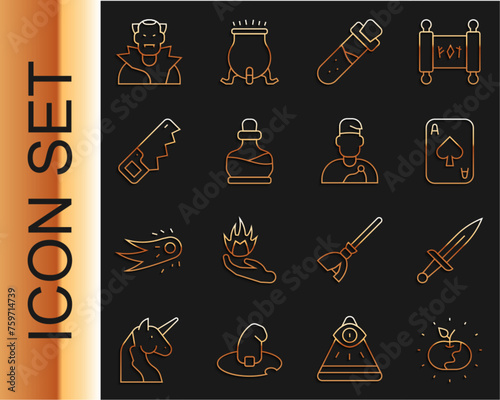 Set line Poison apple, Dagger, Playing cards, Bottle with potion, Hand saw, Vampire and Wizard warlock icon. Vector