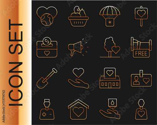 Set line Volunteer, id card or badge, Free overnight stay house, Humanitarian aid, Megaphone, Donation and charity, The heart world - love and team planting trees icon. Vector