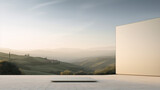3D rendering of a minimalist landscape with a large blank wall and a podium in the foreground.