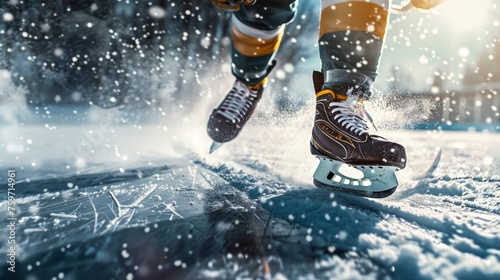 Close-up of ice skates cutting through ice with snow flying up, capturing the speed and action of hockey
