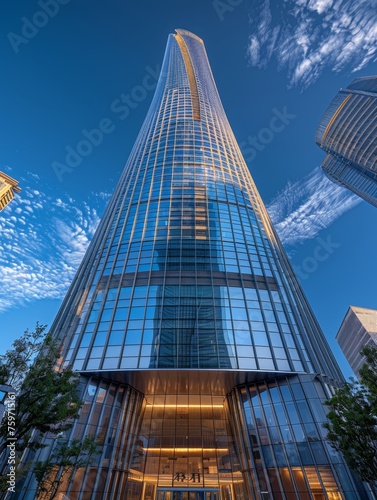 Glass Office Building in Big Blue Sky With Cirrus Clouds
