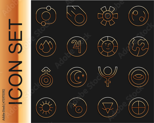 Set line Earth globe, Medallion with eye, Sun, Symbol Jupiter, Water drop, Solar system and icon. Vector