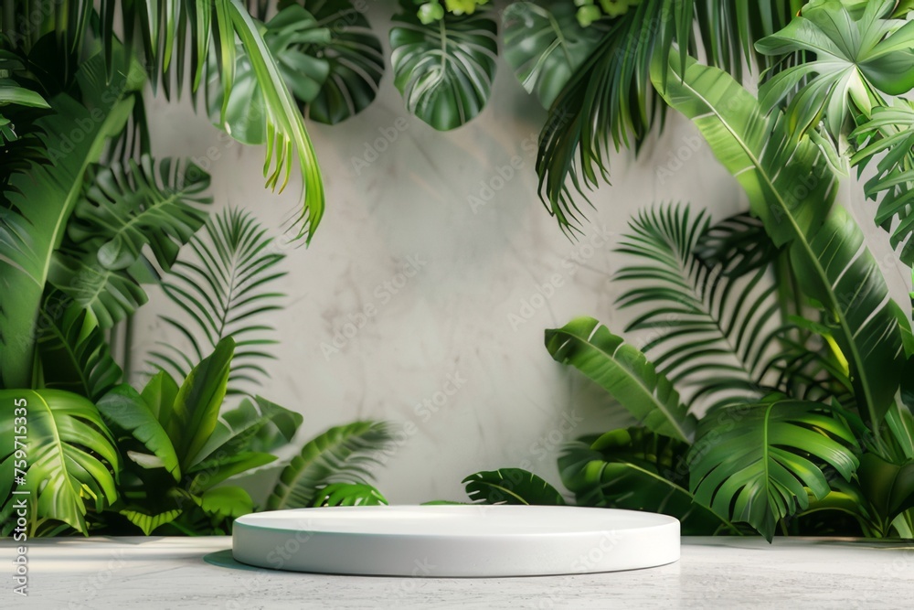 Contemporary white pedestal with front view focus It stands against a background decorated with tropical foliage. It creates a perfect and very realistic atmosphere. Contemporary white pedestal with front view focus It stands against a background decorated with tropical foliage. It creates a perfect and very realistic atmosphere.