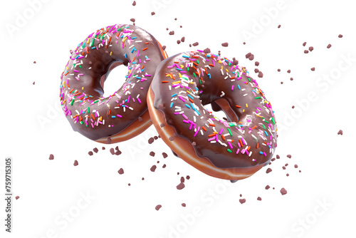Flying delicious chocolate donuts with sprinkles isolated on a transparent background