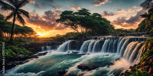 Fantasy landscape with waterfalls, panorama.