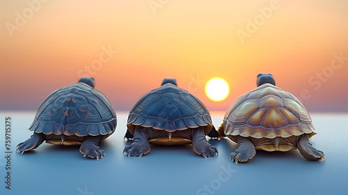 Three turtles on a ledge at sunset, with a soft sky in the background