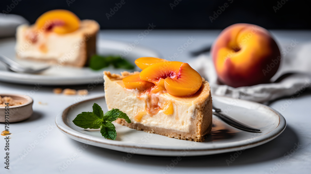 Two slices of peach cheesecake on a plate on white background Two slices of peach cheesecake on a plate on white background