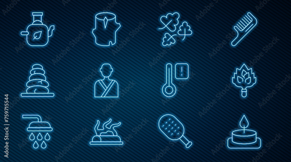 Set line Aroma candle, Sauna broom, Oak leaf, Man in the sauna, Stack hot stones, Teapot with, thermometer and Wooden log icon. Vector Set line Aroma candle, Sauna broom, Oak leaf, Man in the sauna, Stack hot stones, Teapot with, thermometer and Wooden log icon. Vector
