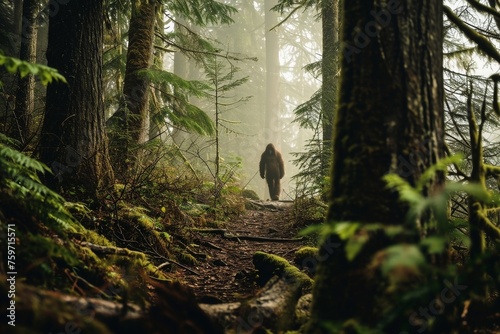 Rare shot of the mysterious bigfoot in a mysterious forest. © Michael