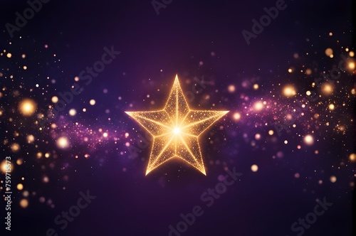Abstract purple background of a golden sparkling star, glow particles, luxury light shine bokeh horizontal wallpaper. 