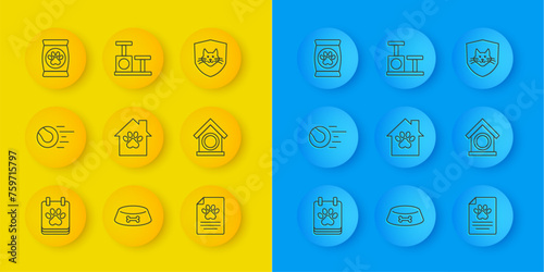 Set line Calendar grooming, Pet toys ball, house, Medical clinical record pet, Dog, Bag of food for, Animal health insurance and Cat scratching post with icon. Vector