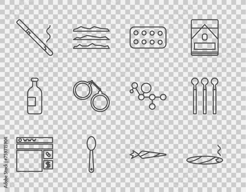 Set line Buying drugs online, Cigar with smoke, Pills blister pack, Heroin spoon, Cigarette, Handcuffs, Marijuana joint and Matches icon. Vector photo