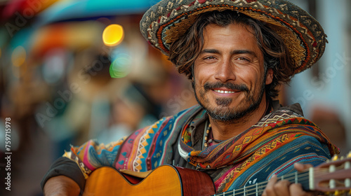 Spanish street musicians in sombreros, ponchos and guitars sing songs on the street
