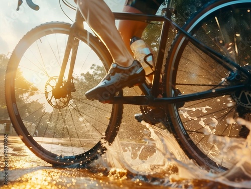 Bike at the summer sunset on the tiled road in the city park. Cycle closeup wheel on blurred summer background. Cycling down the street to work at summer sunset. Bicycle and ecology lifestyle concept.