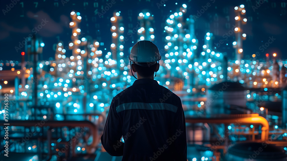 Rear view of engineer with oil refinery industry plant in the background at night, industrial instruments in the factory and futuristic hologram concept, Industry Rear view of engineer with oil refinery industry plant in the background at night, industrial instruments in the factory and futuristic hologram concept, Industry