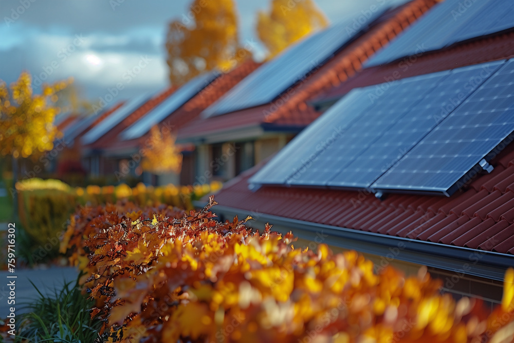 A row of houses featuring solar panels installed on their roofs - obrazy, fototapety, plakaty 