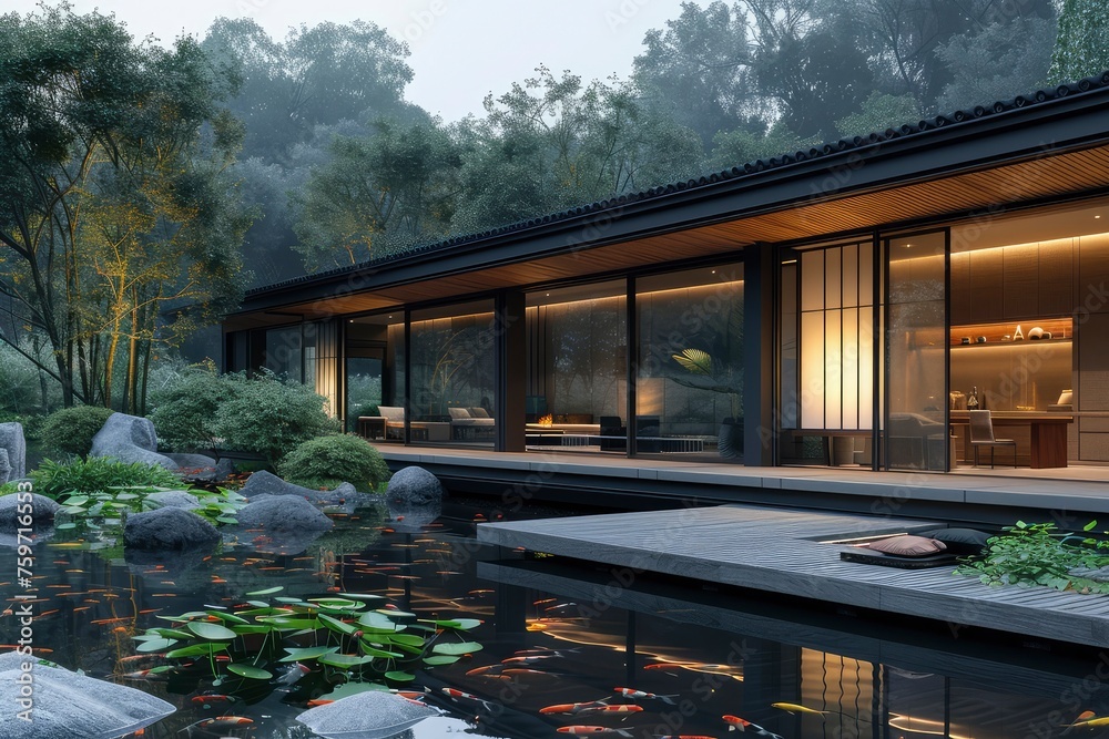 A traditional Japanese house with sliding doors and a tiled roof stands gracefully lit amidst a serene garden as evening falls. generative ai
