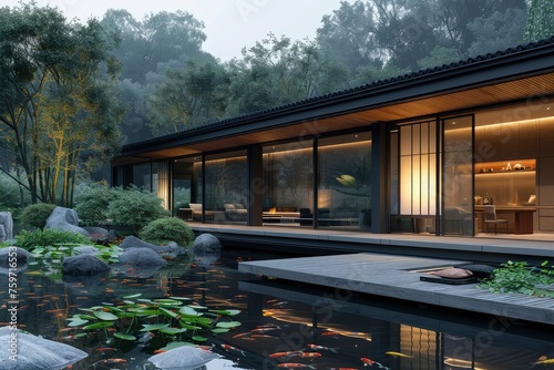 A traditional Japanese house with sliding doors and a tiled roof stands gracefully lit amidst a serene garden as evening falls. generative ai 