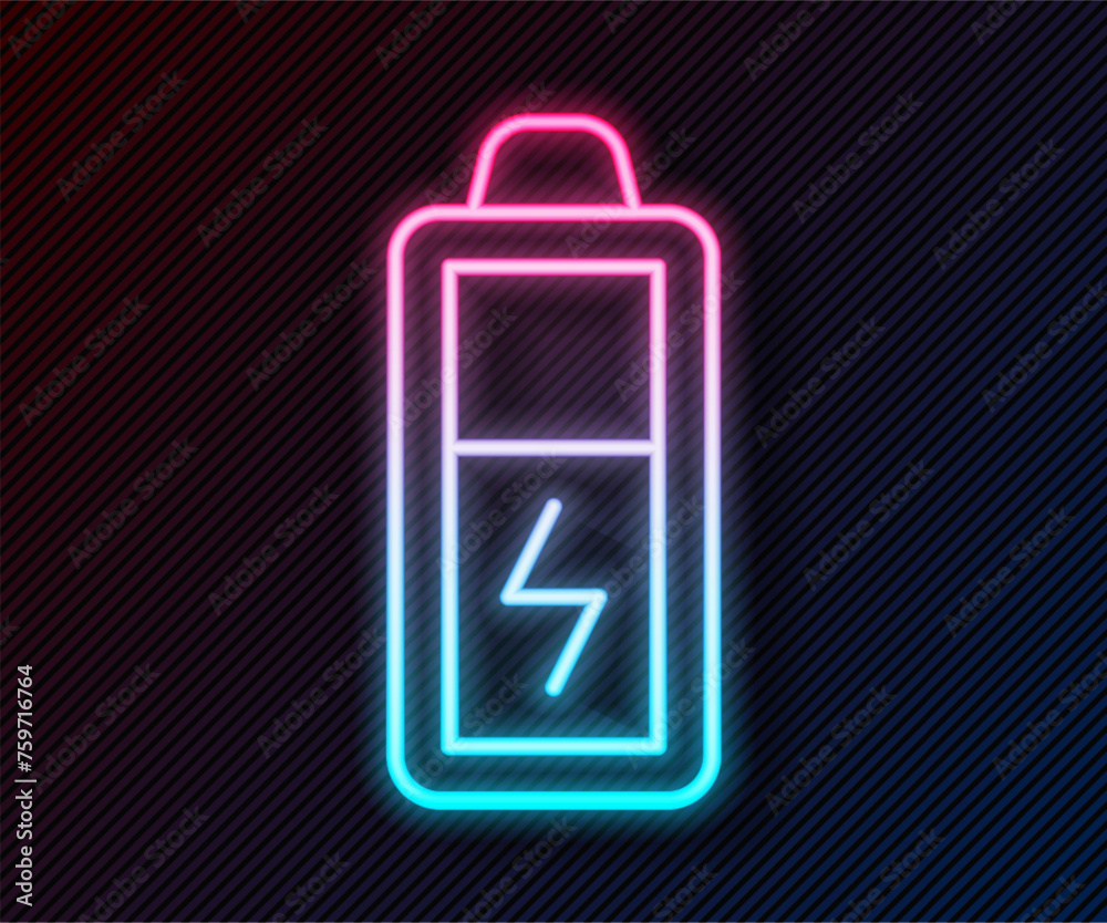 Glowing neon line Battery icon isolated on black background. Lightning bolt symbol. Vector Glowing neon line Battery icon isolated on black background. Lightning bolt symbol. Vector