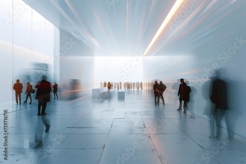 minimalist office environment where the activity of people is shown in motion blur, illustrating the dynamism of the workplace, generative ai