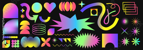 Set of abstract gradient shape in brutalist y2k. Vector illustration with wavy geometric elements. Brutal contemporary figure star and mesh arch.