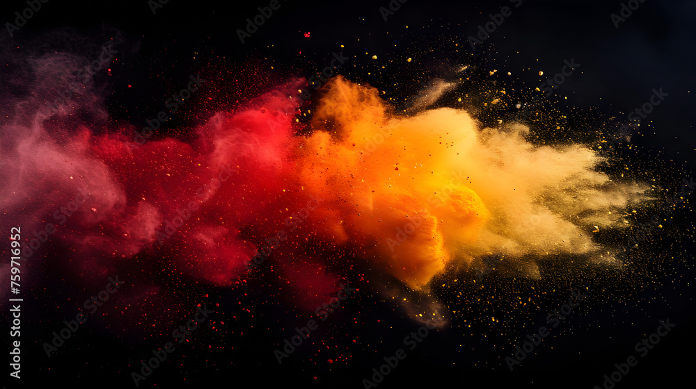 Red and yellow colored powder explosions on black background. Holi paint powder splash in colors of Spanish flag