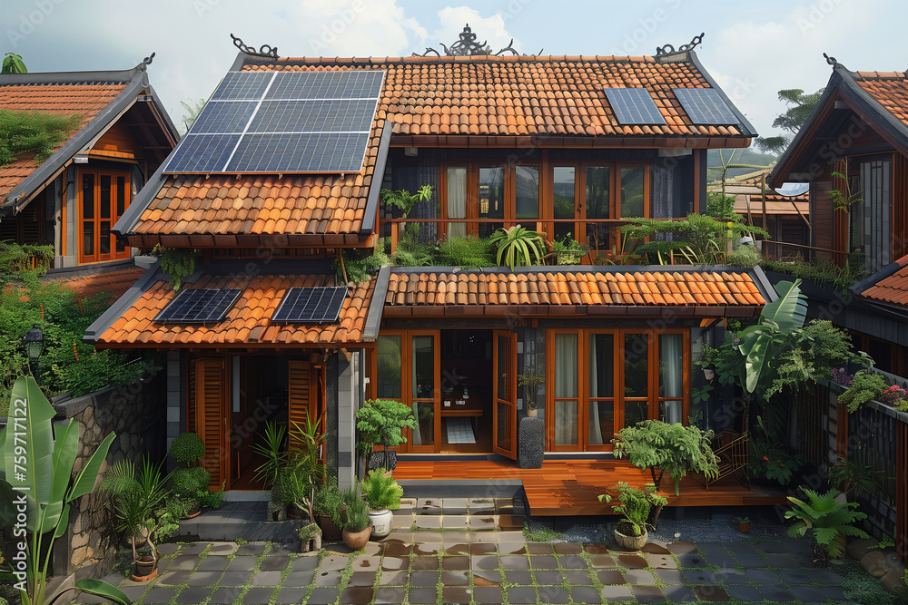 A residential house with a solar panel installed on the roof A residential house with a solar panel installed on the roof