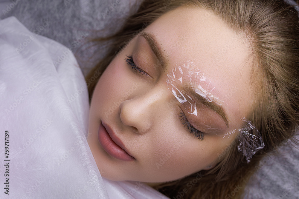 Anesthesia is applied to the model's eyebrow and the eyebrow is covered with a transparent film. PMU Procedure, Permanent Eyebrow Makeup. Anesthesia is applied to the model's eyebrow and the eyebrow is covered with a transparent film. PMU Procedure, Permanent Eyebrow Makeup.
