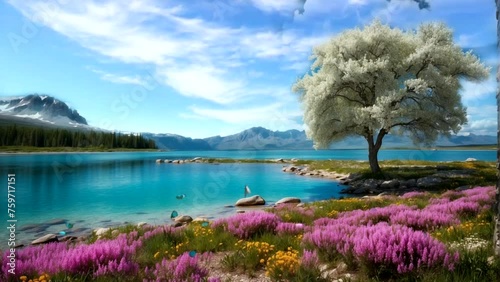 Lake and mountain scenery, flowers and butterflies, rabbits in spring seamless looping time-lapse 4k animation video background Generated AI