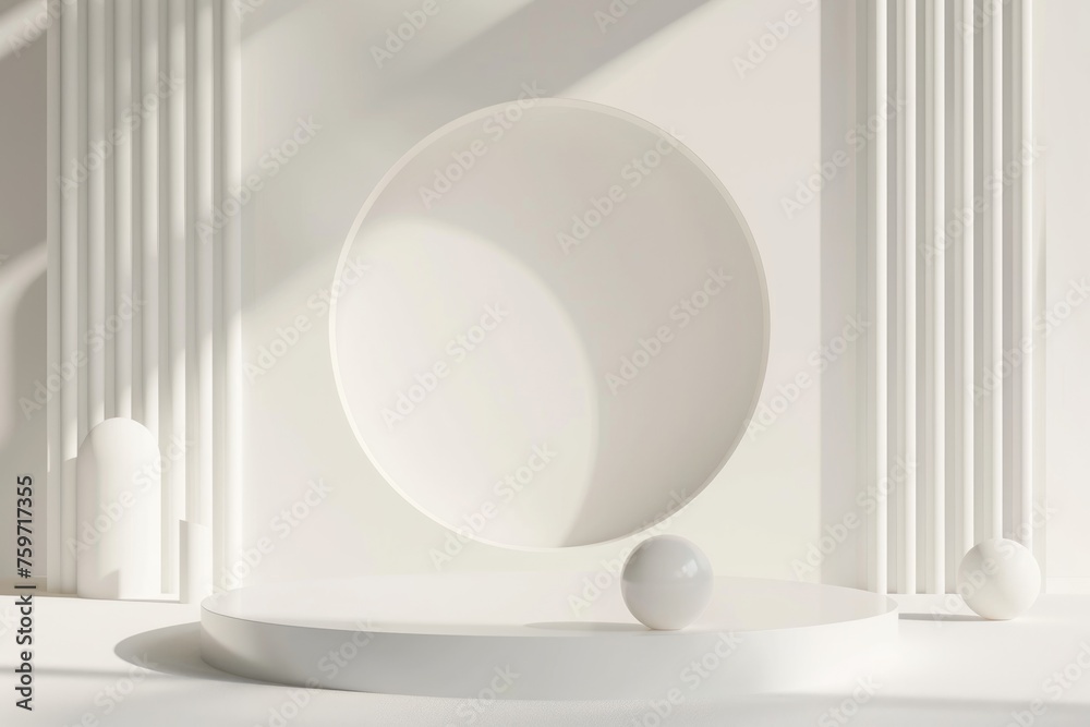 3D render of a minimalist circular podium, surrounded by floating geometric shapes, soft white background by AI generated image 3D render of a minimalist circular podium, surrounded by floating geometric shapes, soft white background by AI generated image