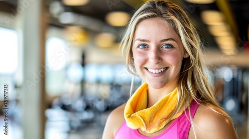 An upbeat portrait of a young female athlete with a gym towel and a beaming smile