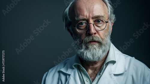 A studio portrait of a senior man with a pensive look, wearing glasses and sporting a gray beard
