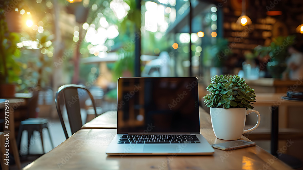 Remote and freelance work concept. Co-working space, table at cafe with open laptop computer screen mockup and blurry cafe interior in the background
