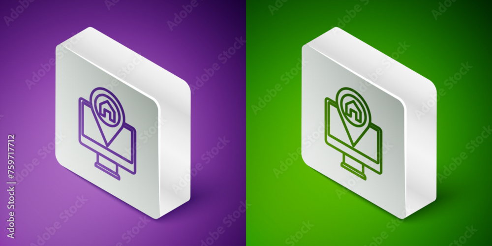 Isometric line Computer monitor and folded map with location marker icon isolated on purple and green background. Silver square button. Vector Isometric line Computer monitor and folded map with location marker icon isolated on purple and green background. Silver square button. Vector