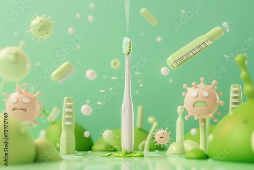 A minimalist 3D scene featuring a charming toothbrush heroically escaping a horde of cartoon germs. by AI generated image
