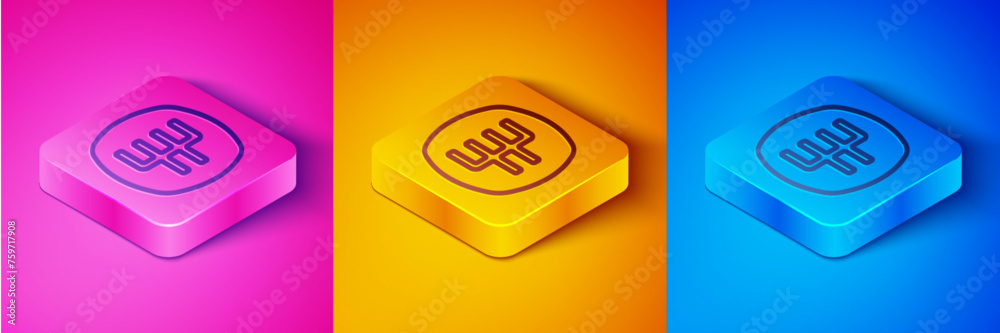 Isometric line Gear shifter icon isolated on pink and orange, blue background. Manual transmission icon. Square button. Vector Isometric line Gear shifter icon isolated on pink and orange, blue background. Manual transmission icon. Square button. Vector
